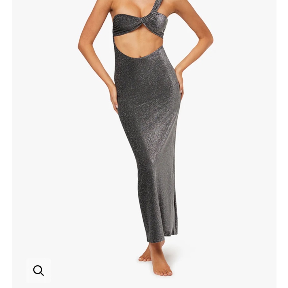 WeWoreWhat Metallic Silver Cutout Dress RUCHED ASYMMETRICAL KNIT MAXI DRESS